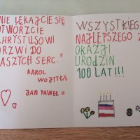 Laurki wykonanych przez dzieci z SP7 w Cieszynie z okazji setnych urodzin Jana Pawła II 2020